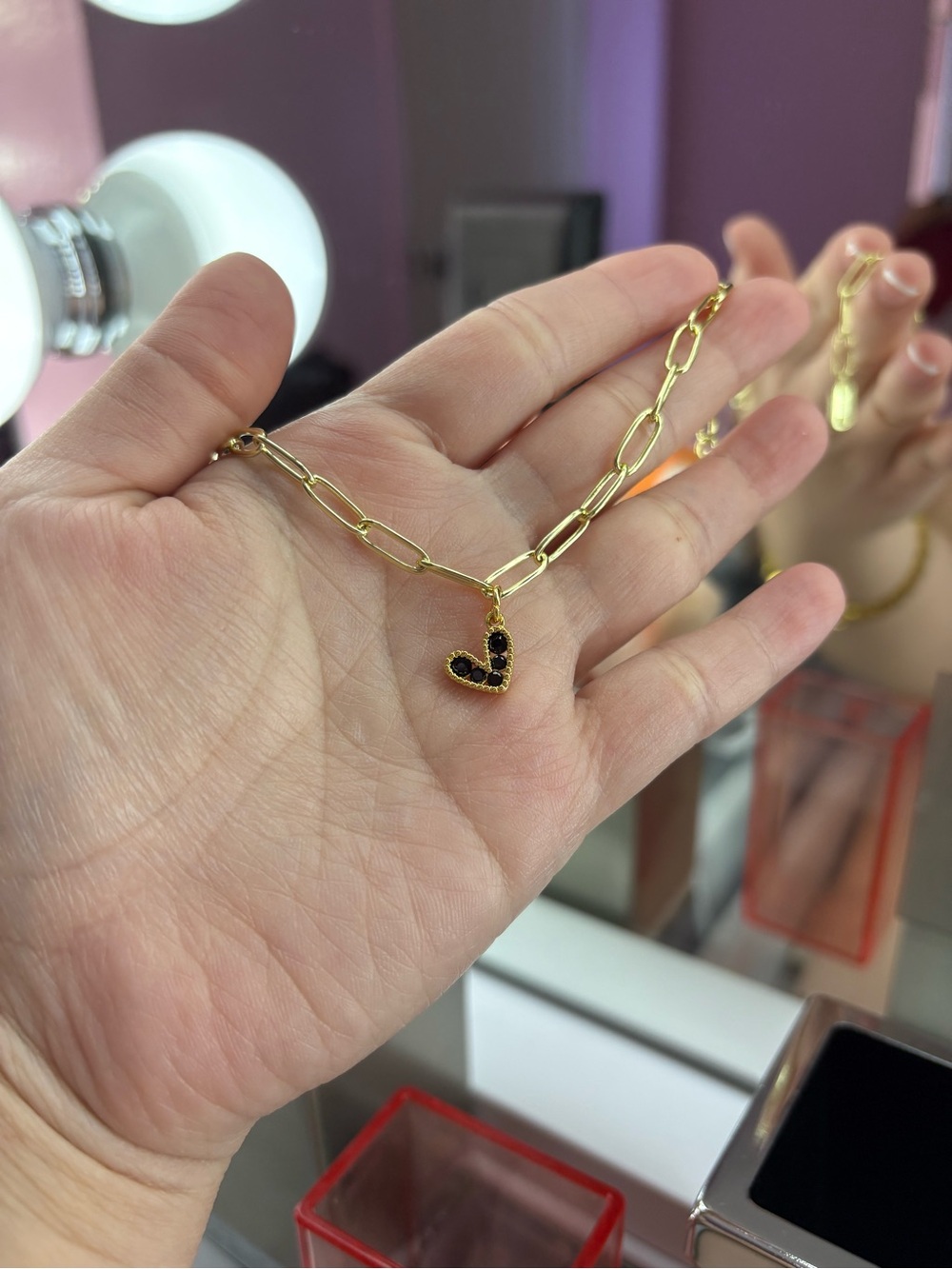 Gold Link Bracelet with Black Heart Pendant